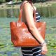 Женская кожаная сумка со строчками Crocodile рыжая