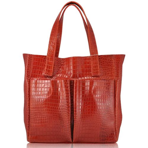 Женская кожаная сумка с карманами Crocodile ярко красная