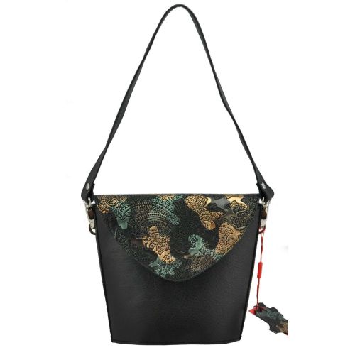 Женская сумка корзинка кожаная черная с абстракцией